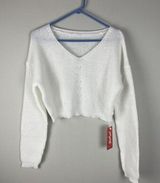 Romwe Womens Small White Cropped Knit Top Long Sleeve V Neck Sweatshirt Photo 0