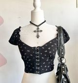 Black Floral Puff Sleeve Babydoll Top, Cottagecore Y2K Milkmaid Romantic Small Photo 0