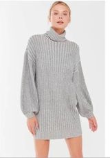 Urban Outfitters Gray Turtleneck Ribbed Puff Sleeve Jill Sweater Mini Dress Photo 0