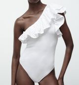 White Ruffled Asymmetrical Eyelet One Shoulder  Bodysuit Photo 0