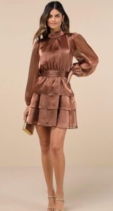 Ideal Behavior Bronze Metallic Backless Tiered Dress Photo 0