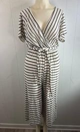 Lush women’s size medium, striped faux wrap culotte length jumpsuit with belt Photo 0