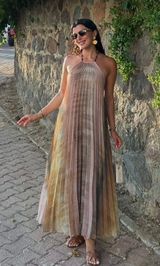 Zara maxi long flowy halter pleated brown beaded bohemian summer dress Photo 0