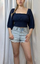 NWT  Milkmaid Peasant Crop Blouse - Navy - M Photo 0