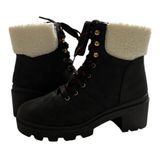 Olivia Miller Sherpa Fur Lined Lace Up Slip On Chunky Heel Hiker Round Toe Ankle Boots Photo 0