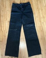 wide leg black jeans knee rips and raw hem Photo 0