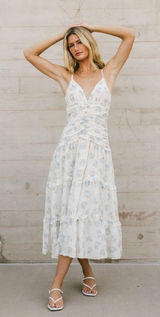 Storia Floral Ruffle Tiered Midi‎ Dress Cottagecore Spring Summer White Blue S Photo 0