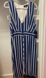 Blue & White Striped V Neck Sleeveless Midi Dress Photo 0