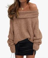 NEW Tan Sweater Off The Shoulder Long Sleeve Loose M Photo 0