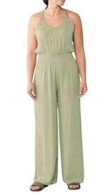 Prana Fernie Wide Leg Jumpsuit Swim Cover Crinkle Pockets Strappy Agave Green L Photo 0