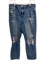 American Eagle High Waisted Mom Jeans Tapered Leg Distressed Blue Denim Size 16R Photo 0