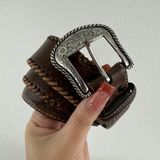 NOCONA Dark Brown Leather Western Whipstitch Concho Floral Engraved Buckle Belt Photo 0