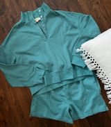 Listicle Teal Henley Terry Lounge Sweat Shorts Set Photo 0