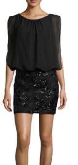 Aidan Mattox Black Chiffon Blouson Sequin Cocktail Dress Size 2