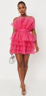 Pink tulle ruffle deals bandeau mini dress missguided