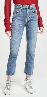 AGOLDE Riley High Rise Straight Leg Jeans Frequency Wash Button