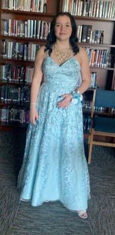 David s Bridal Light Blue Cachet Floral Spaghetti Strap Lace Prom