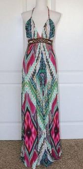 SKY Brand Braided Multi Color Halter Maxi Dress Brown Leather Belt