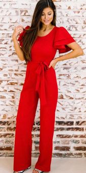 These Three Boutique Zip Up Corduroy Jumpsuit-Red S