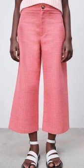 ZARA Cropped Fit Tweed Textured Wide Leg Pants Pink Size Small