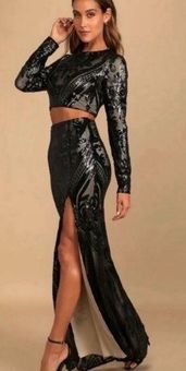 Luxe Aesthetic Black Sequin Long Sleeve Two-Piece Maxi Dress