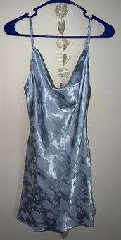 Close to Your Heart Dusty Blue Satin Jacquard Cowl Slip Dress