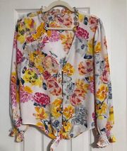 Nanette Lepore floral v neck button up blouse front tie top women’s size large