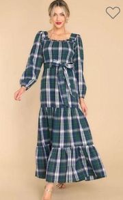 Aura Sweet Sentiments Forest Green Plaid Maxi Dress Tie Smocked M NWOT