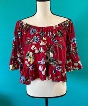 Peach love California off the shoulder red floral shirt