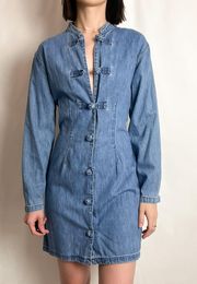 vintage 90s blue chambray chinese knot button down long sleeve mini dress by