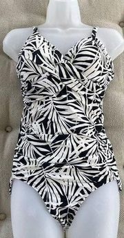 Jantzen Black White Print One Piece Swim Suit Stomach Ruching Adj Straps 12