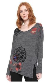 Desigual Uma Long Sleeve Asymmetrical Hem Scoop Neck Graphic Tee Large