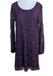 Sunday in Brooklyn Mini Dress S‎ Purple Lace Lined Joy Long Sheer Sleeve Shift