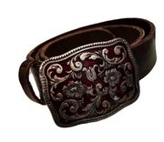 GAP Brown Leather Ladies Belt, Red Enameled Floral Buckle, Sz S
