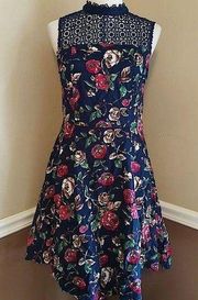 NEW Modcloth Esley Navy Blue Floral Corduroy High Neck A-Line Dress Size Medium