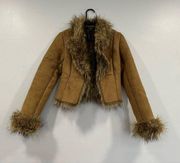 Express Tan Faux Suede Fur Trim Lined Crop Coat 2