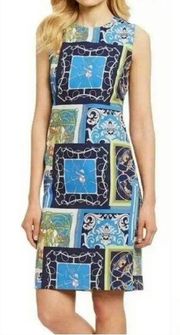 J. Mclaughlin, Belinda Blue Equestrian Heraldic Patchwork Sheath Dress, Size 4