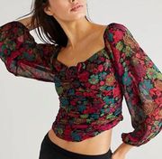 Free People NWT  Oh Layla Floral Cropped Top V-Neck Long Sleeves Black Floral M