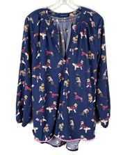 Navy Long Sleeve Dogs In Coats Graphic Print Blouse Large Puppy