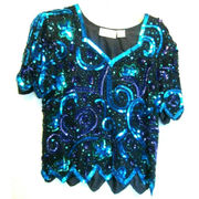 Laurence Kazar Vintage Black Blue Purple Green Beaded Sequin Silk Evening Top PP