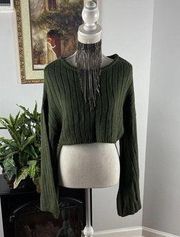 No Comment Women's Green Scoop Neck Bell Sleeve Pollover Knit Sweater Cropped XS