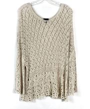 Beige Tan Open Crochet Knit Bohemian Wide Sleeve Sweater OS Beach