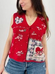 vintage chunky knit roses button up sweater vest cardigan in red size M