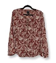 Bobeau Womens Blouse Brown White Paisley Long Sleeve Tie Keyhole Lined L New