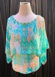 RUBY RD 2 PIECE SHEER SHELL AND ARM FLOWY PASTEL TUNIC TOP STUDDED ACCENTS SMALL