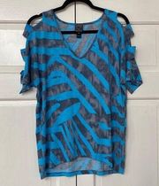 Clara Sun Woo Printed Blue Gray Cold Shoulder Open Cutout Shoulders Blouse Zebra