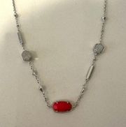 Kendra Scott  Maddie Silver Slider Necklace Ruby Red Stone and Iridescent Drusy