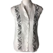 Saint Tropez West Linen Sleeveless Paisley Print Button Front Shirt