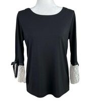 Black Lace Bow 3/4 Sleeve Blouse Top Size Medium/Large