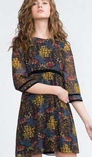 Floral Empire-Waist Half-Sleeve Chiffon Velvet Dress Open Back Cut-Out Mini